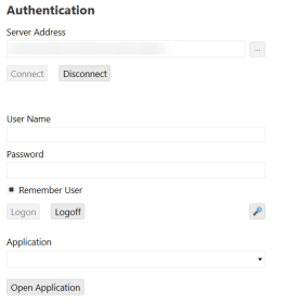 The Logon screen for native authentication only has a gray Authentication heading at the top. Next is a rectangular field to enter a Server Address. Then, there are two rectangular, gray buttons for Connect and Disconnect. Then, there are two rectangular fields to enter a User Name and Password and a radio button for Remember User. Then, there are two rectangular, gray buttons for Logon and Logoff. Next is an Application drop-down menu that has a rectangular field with a black down arrow. Then, there is a rectangular, gray button for Open Application.